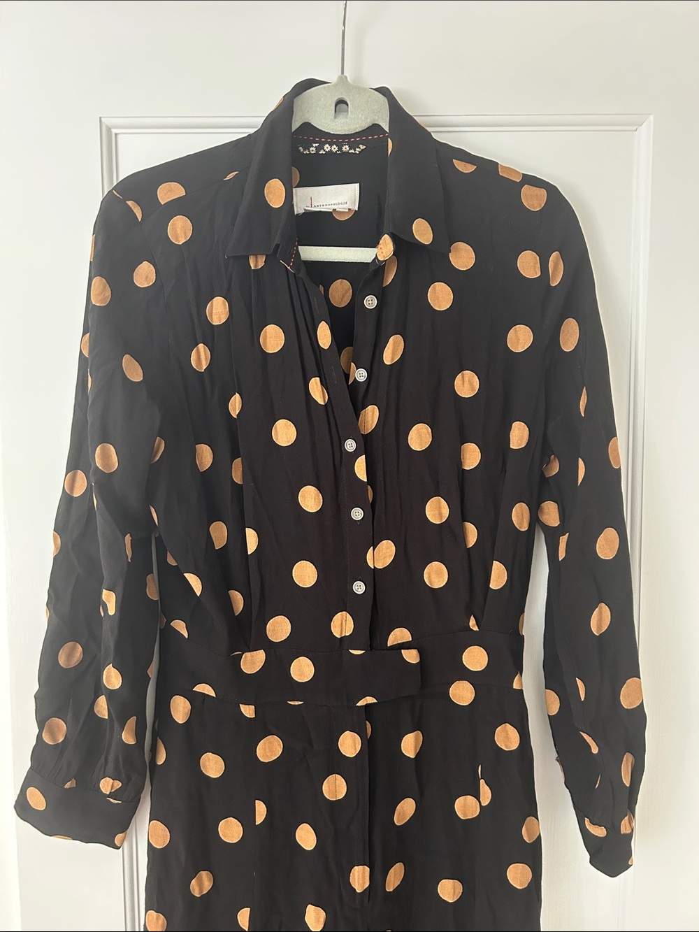 Anthropologie Black and Tan Polka Dot Jumpsuit EUC